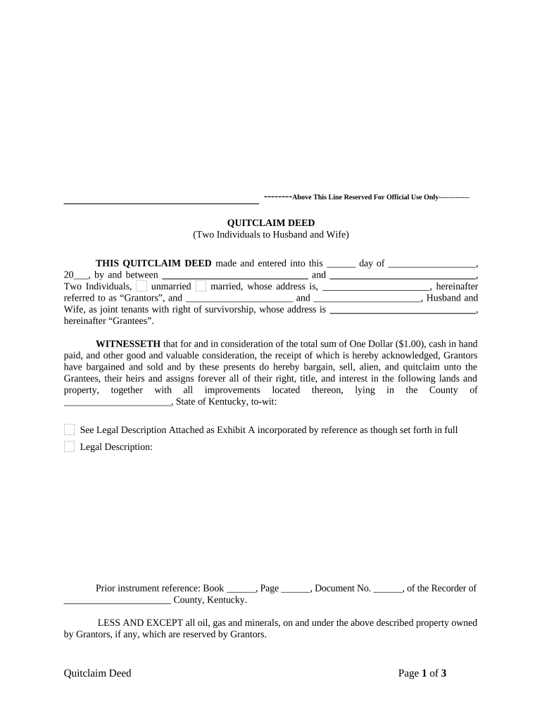 Quitclaim Deed by Two Individuals to Husband and Wife - Kentucky Preview on Page 1