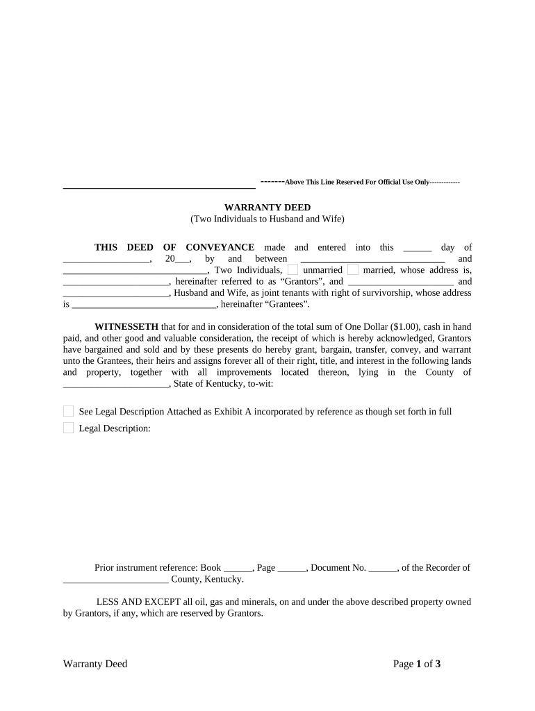 Warranty Deed from two Individuals to Husband and Wife - Kentucky Preview on Page 1