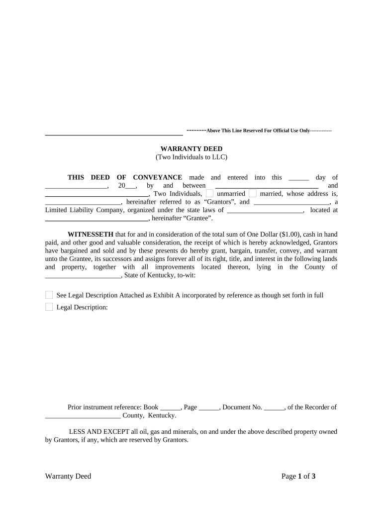 Warranty Deed from two Individuals to LLC - Kentucky Preview on Page 1