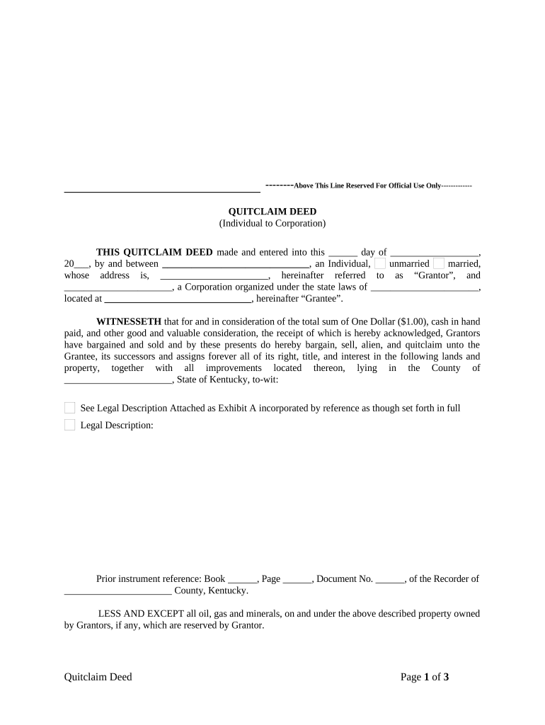 Quitclaim Deed from Individual to Corporation - Kentucky Preview on Page 1.