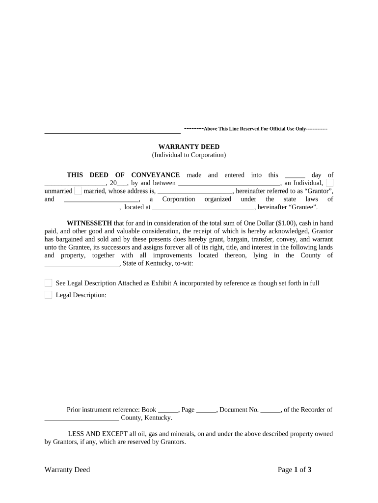 Warranty Deed from Individual to Corporation - Kentucky Preview on Page 1