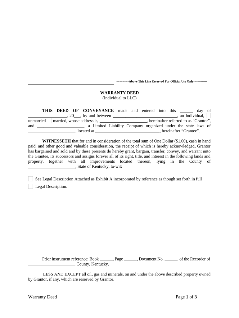 Warranty Deed from Individual to LLC - Kentucky Preview on Page 1