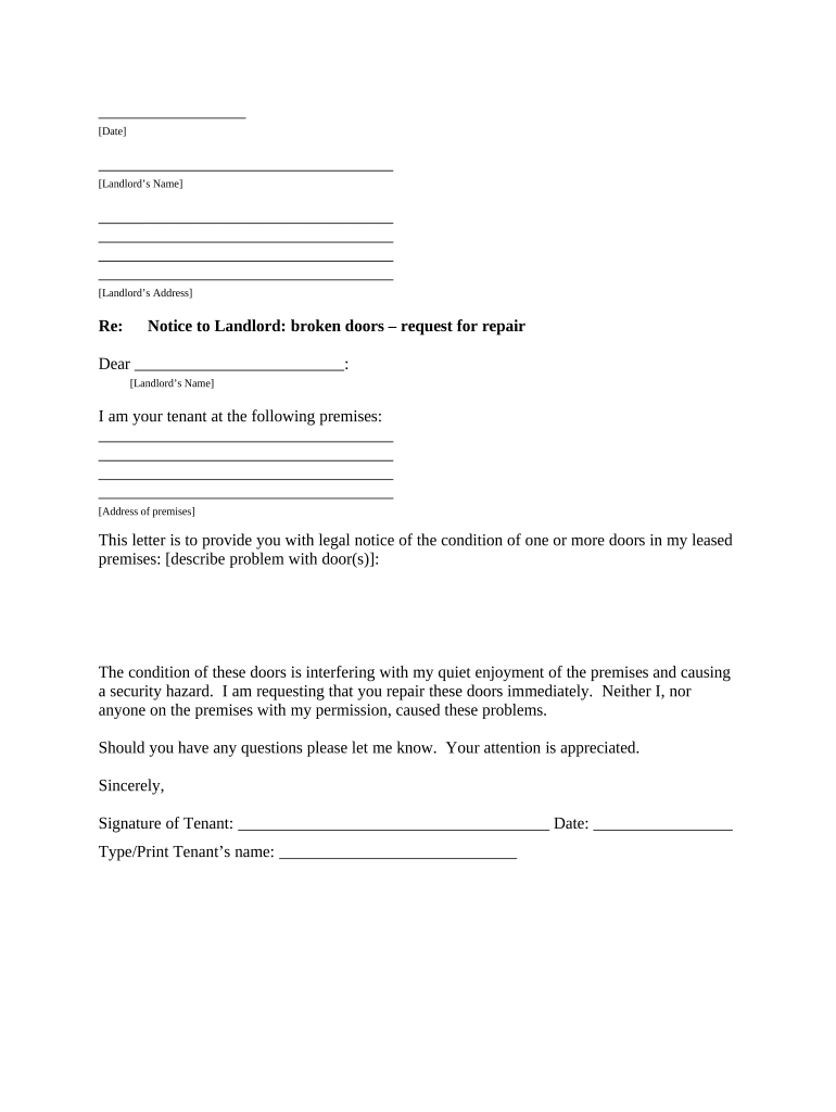 Letter from Tenant to Landlord containing Notice that doors are broken and demand repair - Kentucky Preview on Page 1