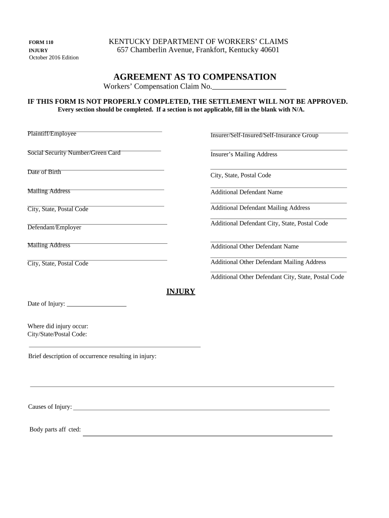 Agreement as to Compensation - Kentucky - Kentucky Preview on Page 1