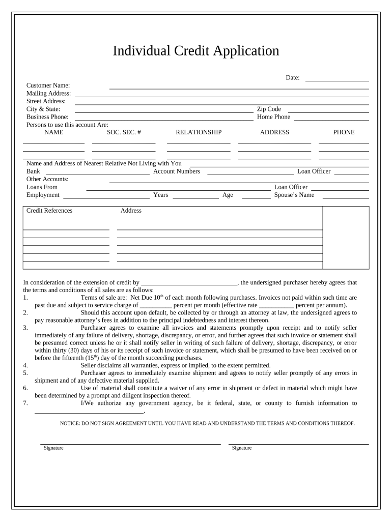 Individual Credit Application - Kentucky Preview on Page 1