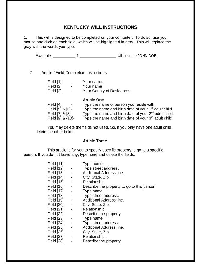 Mutual Wills Package of Last Wills and Testaments for Unmarried Persons living together with Adult Children - Kentucky Preview on Page 1