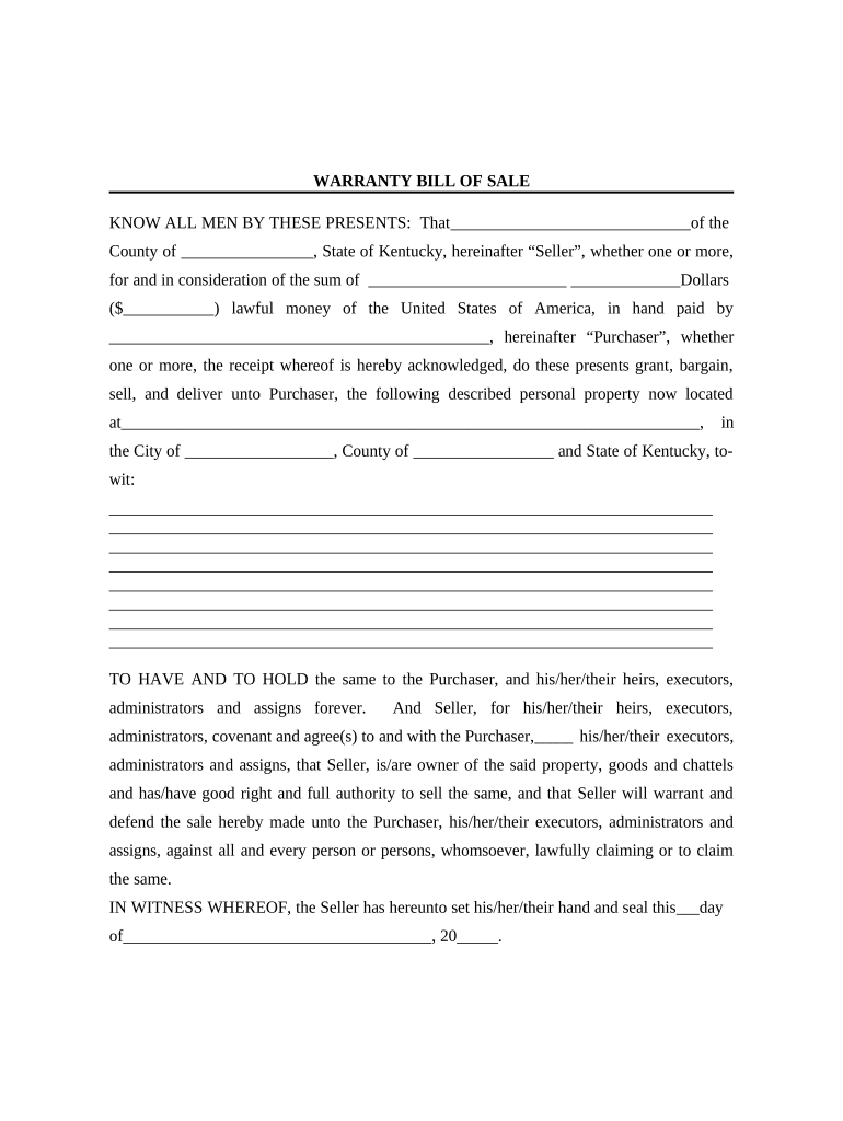 Bill of Sale with Warranty by Individual Seller - Kentucky Preview on Page 1