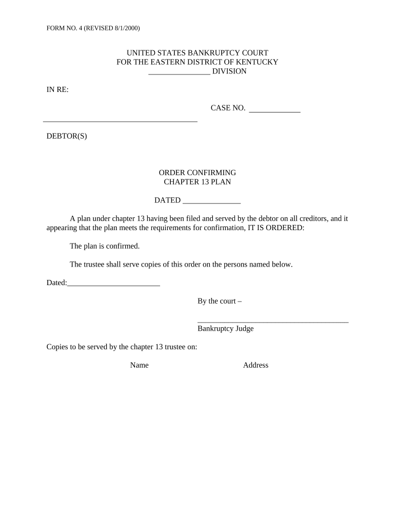 Order Confirming Chapter 13 Plan - Kentucky Preview on Page 1.