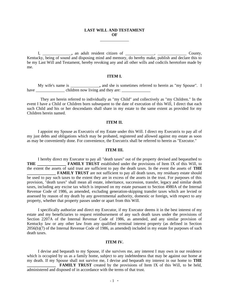 Complex Will with Credit Shelter Marital Trust for Large Estates - Kentucky Preview on Page 1