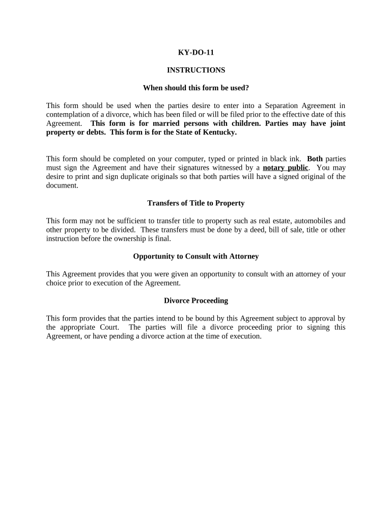 Marital Legal Separation and Property Settlement Agreement Minor Children Parties May have Joint Property or Debts where Divorce Action Filed - Kentucky Preview on Page 1