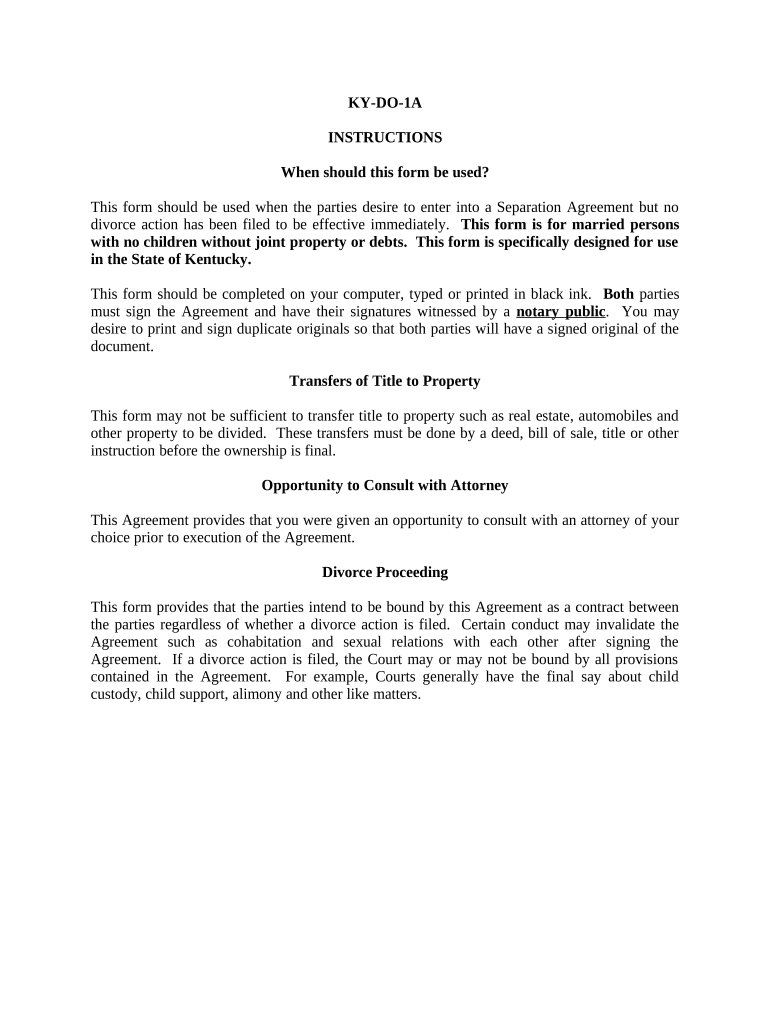 Marital Legal Separation and Property Settlement Agreement for persons with no Children, no Joint Property, or Debts Effective Immediately - Kentucky Preview on Page 1