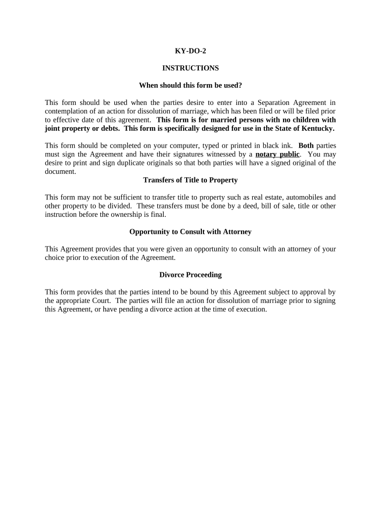 Marital Legal Separation and Property Settlement Agreement no Children parties may have Joint Property or Debts where Divorce Action Filed - Kentucky Preview on Page 1