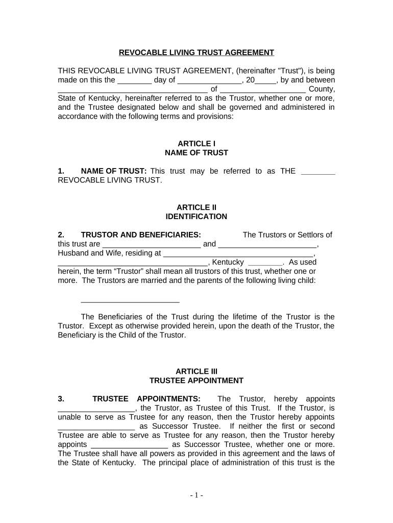 Living Trust for Husband and Wife with One Child - Kentucky Preview on Page 1