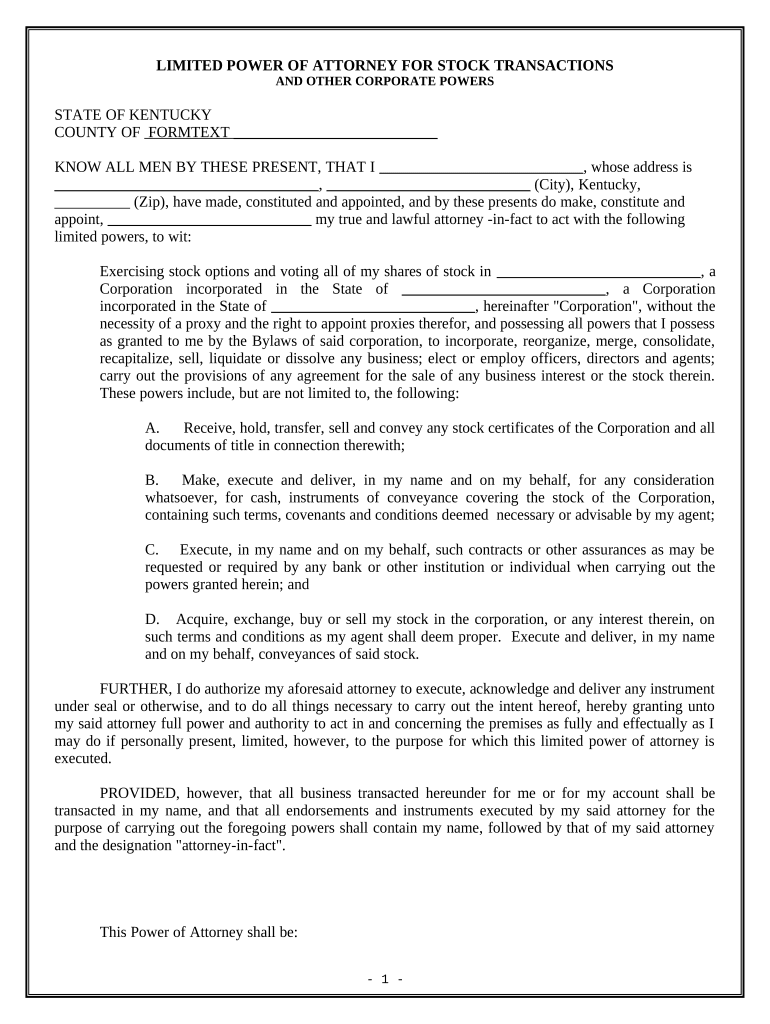 Limited Power of Attorney for Stock Transactions and Corporate Powers - Kentucky Preview on Page 1