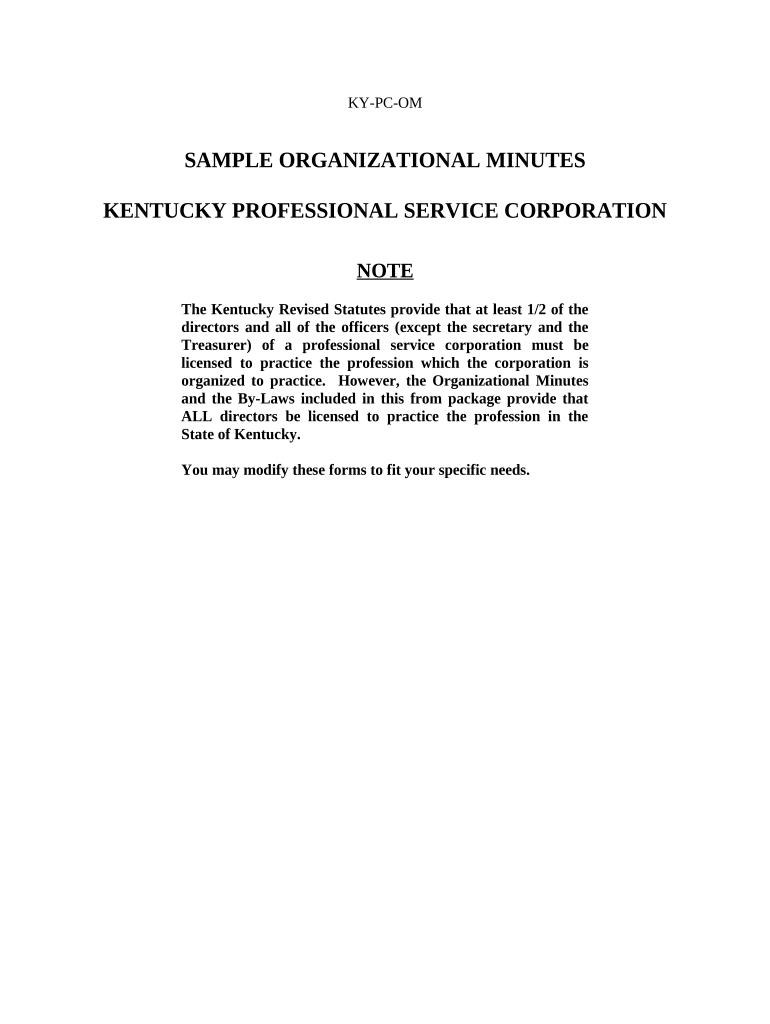 Organizational Minutes for a Kentucky Professional Service Corporation - Kentucky Preview on Page 1