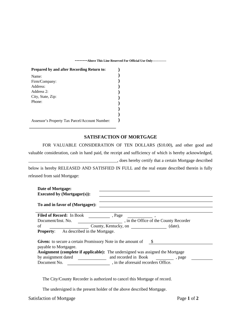 Satisfaction, Release or Cancellation of Mortgage by Individual - Kentucky Preview on Page 1