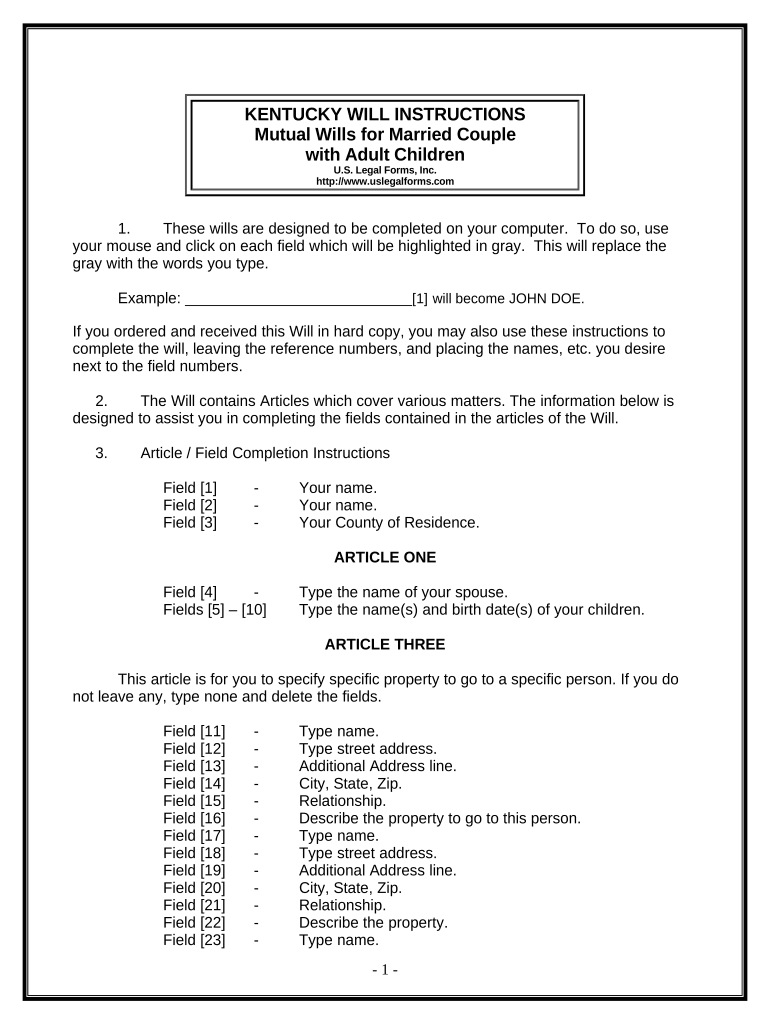 Mutual Wills Package with Last Wills and Testaments for Married Couple with Adult Children - Kentucky Preview on Page 1.