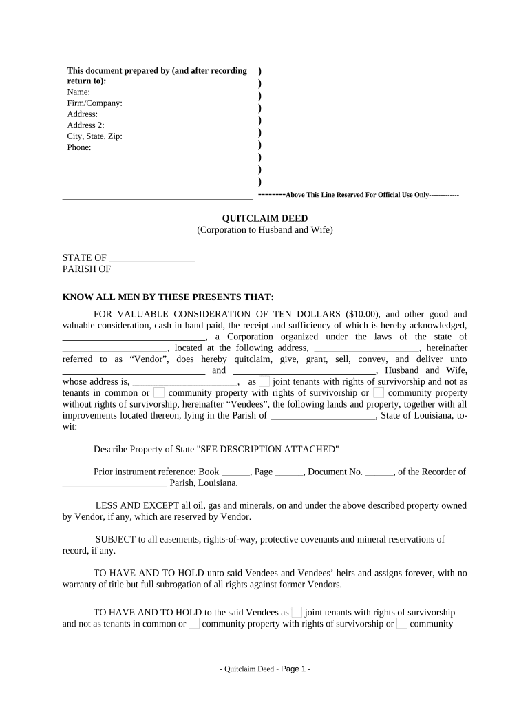 Quitclaim Deed from Corporation to Husband and Wife - Louisiana Preview on Page 1