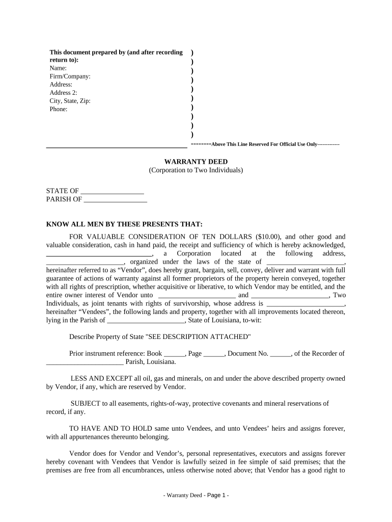 Warranty Deed from Corporation to Two Individuals - Louisiana Preview on Page 1