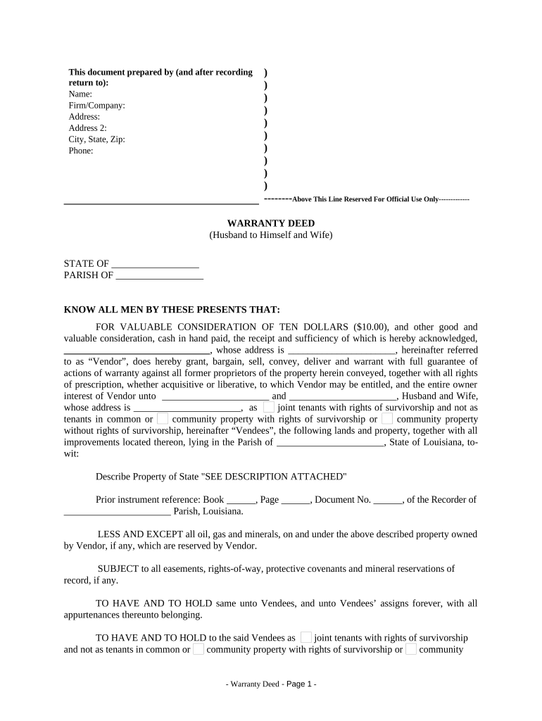 Warranty Deed from Husband to Himself and Wife - Louisiana Preview on Page 1