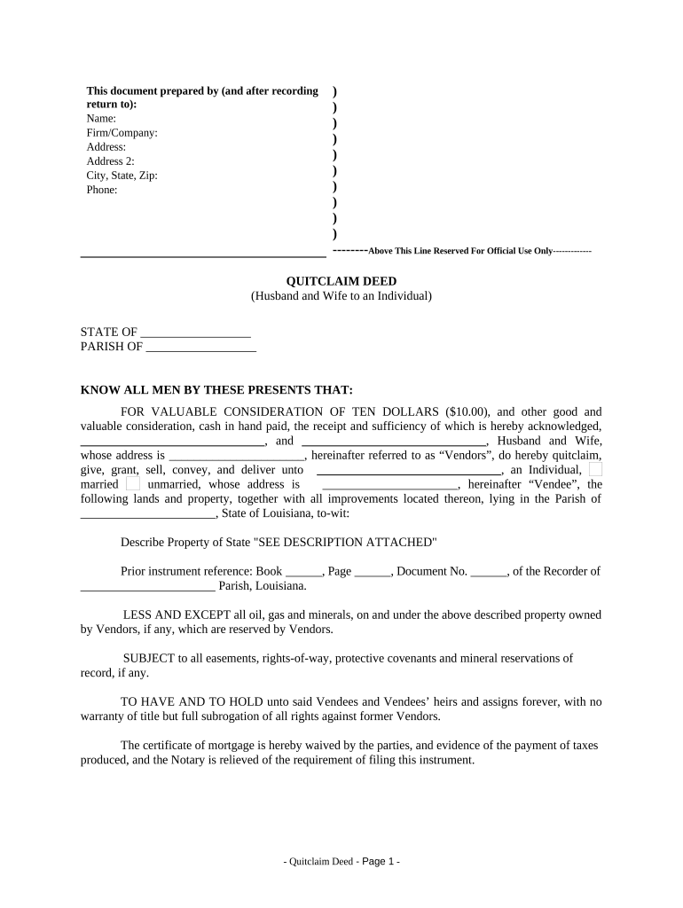 Quitclaim Deed from Husband and Wife to an Individual - Louisiana Preview on Page 1.