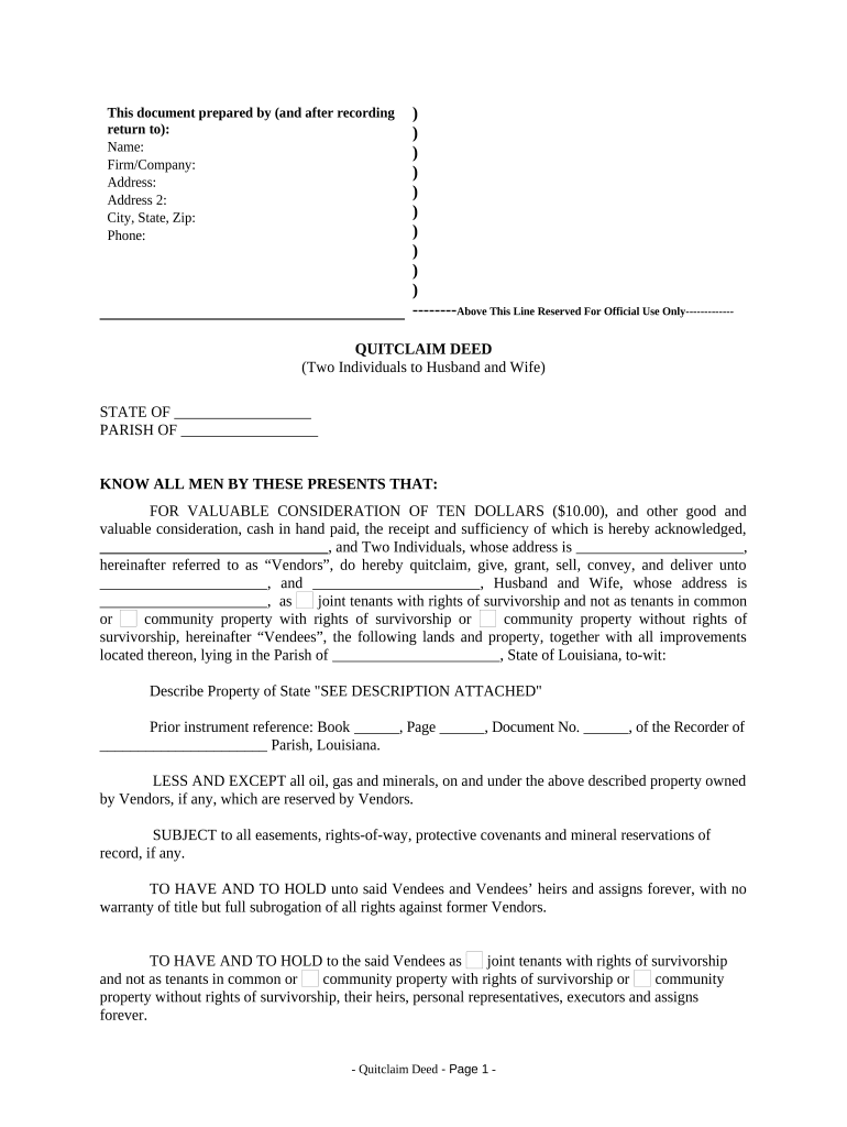 Quitclaim Deed by Two Individuals to Husband and Wife - Louisiana Preview on Page 1.