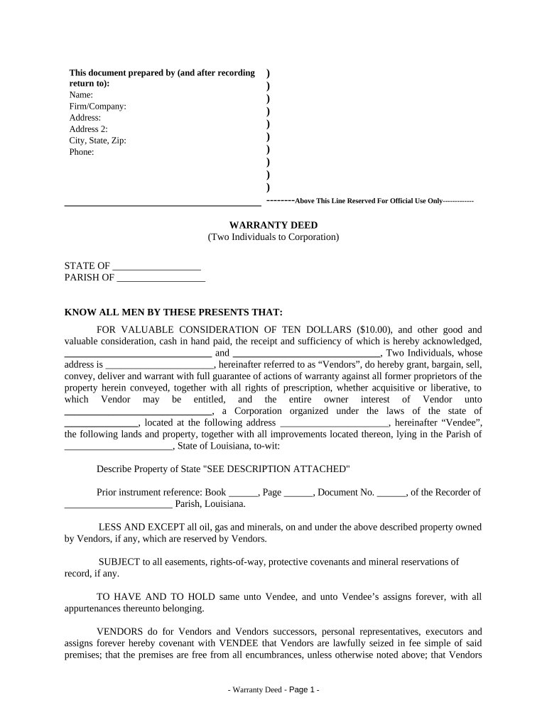 Warranty Deed from two Individuals to Corporation - Louisiana Preview on Page 1