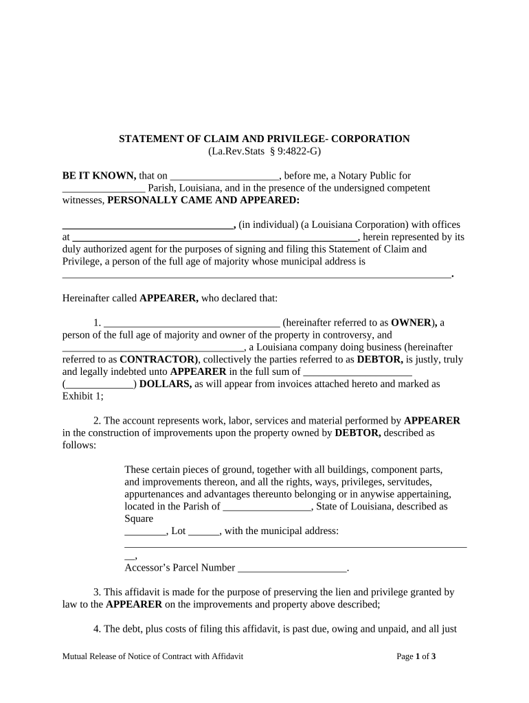 louisiana statement of claim and privilege form Preview on Page 1