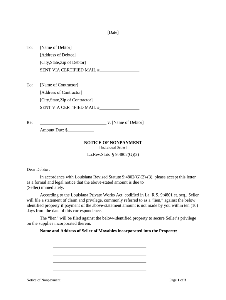 Notice of NonPayment (Seller of Movables) - Individual - Louisiana Preview on Page 1