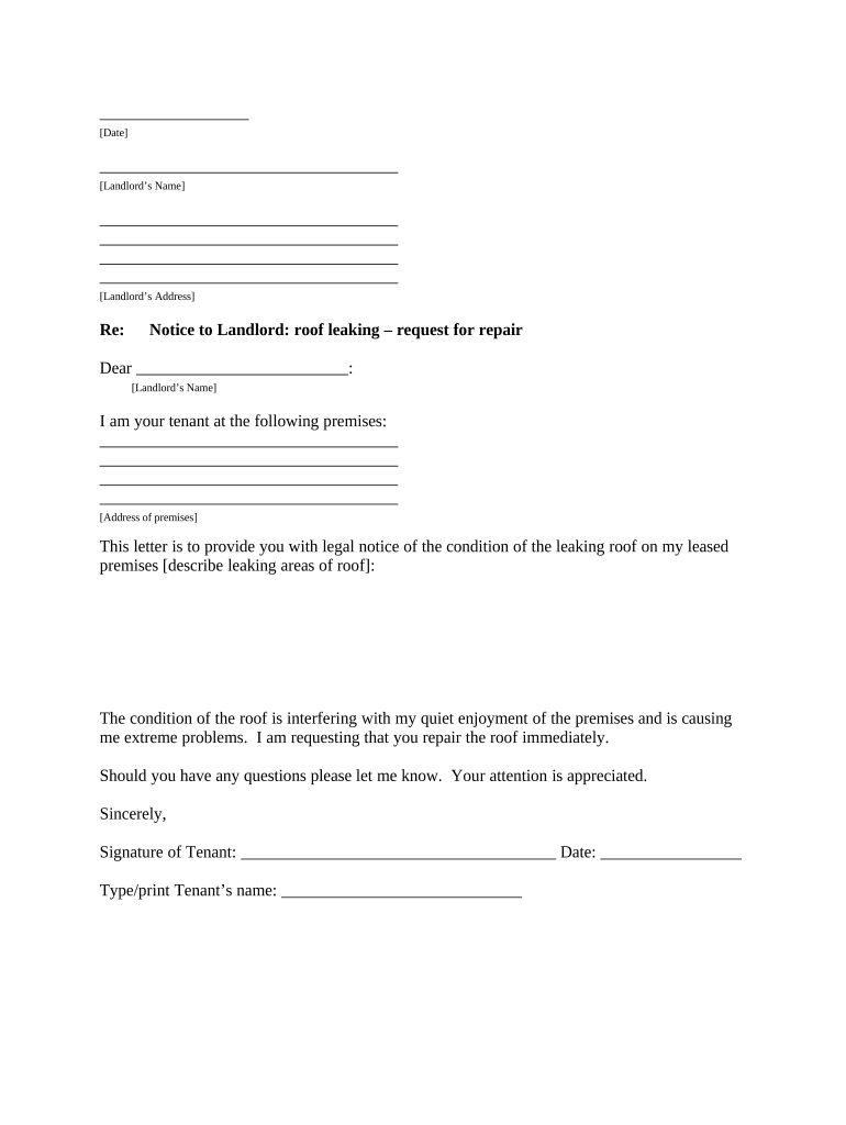 Letter from Tenant to Landlord containing Notice that premises leaks during rain and demand for repair - Louisiana Preview on Page 1.