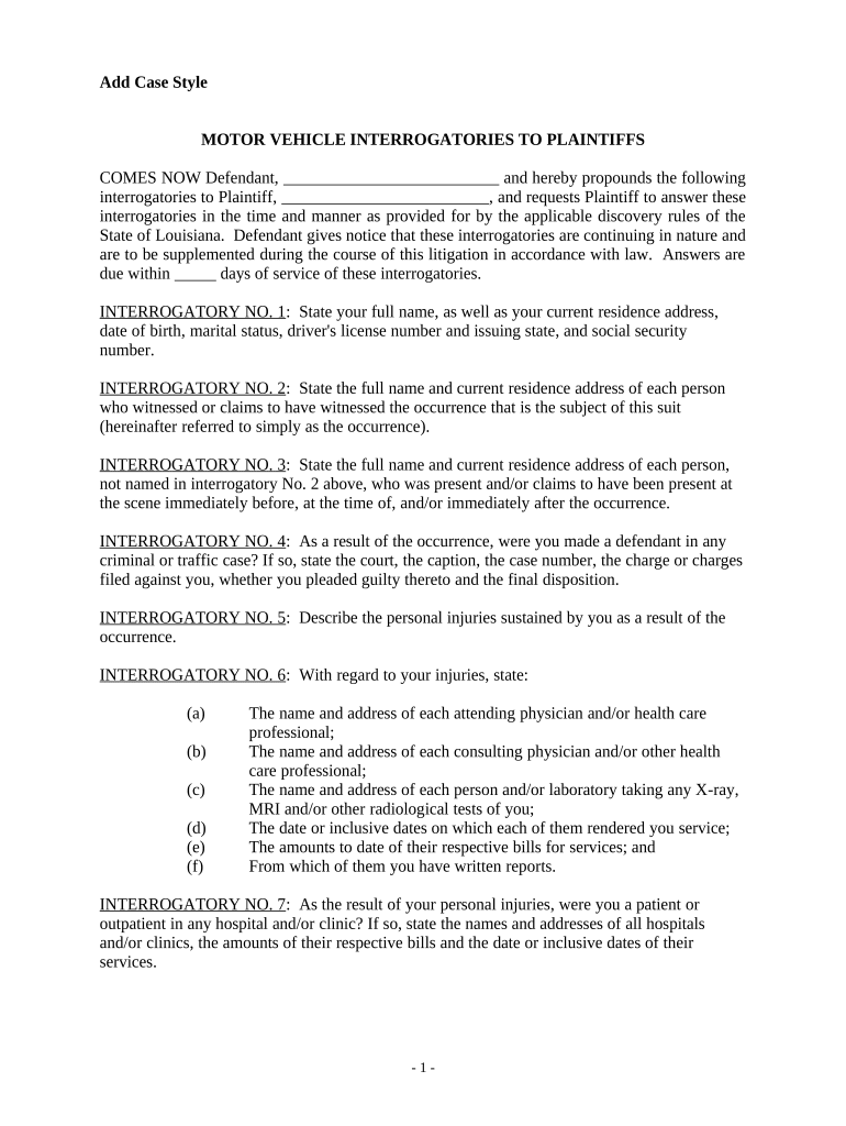Interrogatories to Plaintiff for Motor Vehicle Occurrence - Louisiana Preview on Page 1