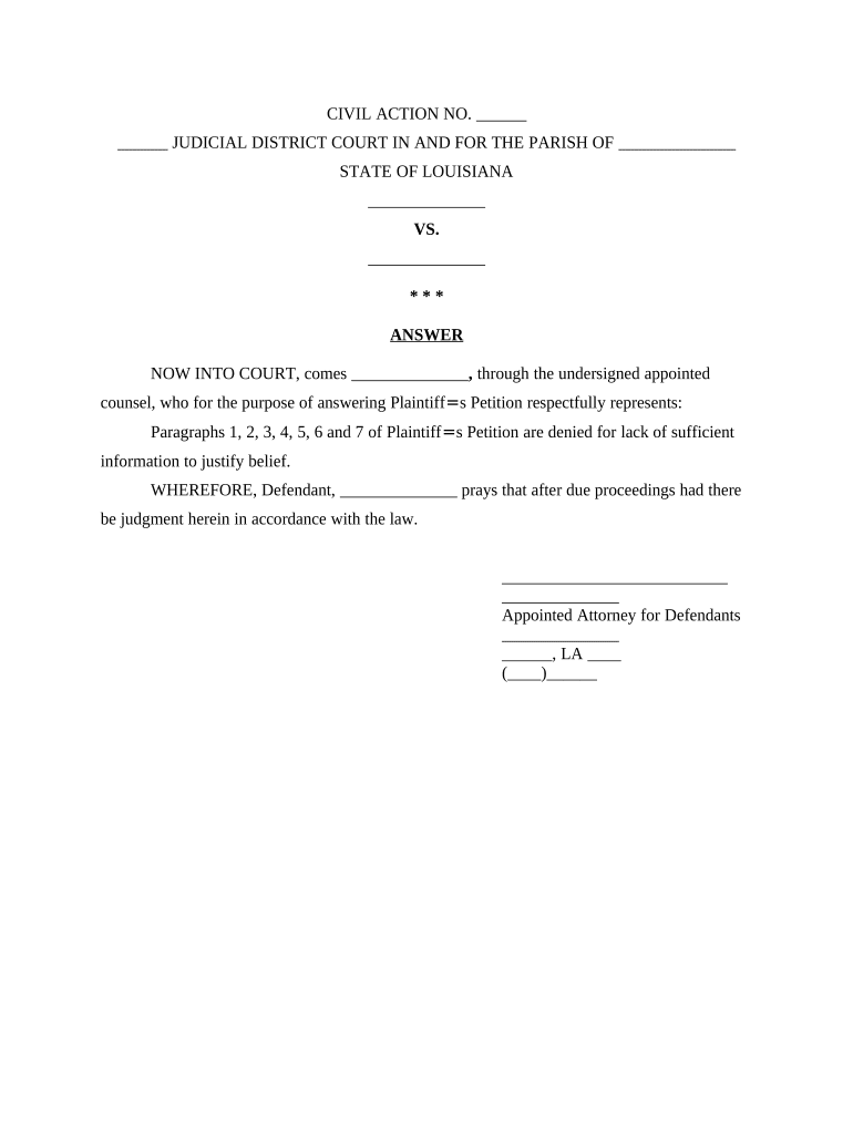 answer to petition form Preview on Page 1
