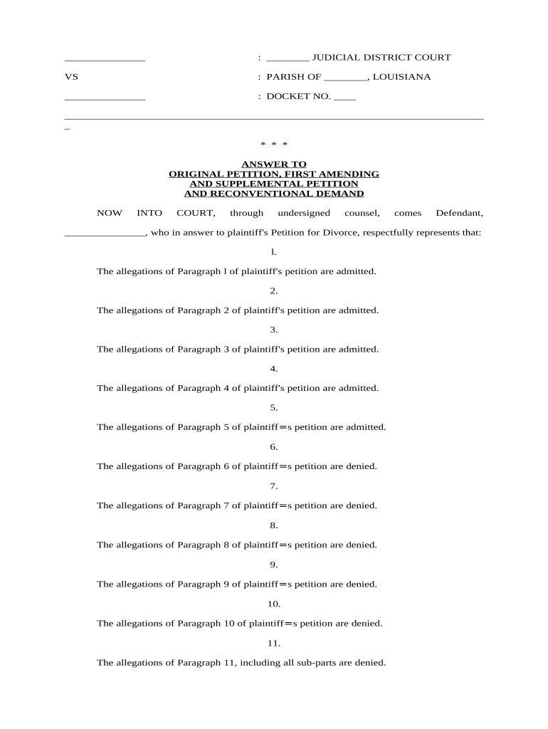 Answers to Original, First Amended, and Supplemental Petition and Reconventional Demand (Divorce) - Louisiana Preview on Page 1