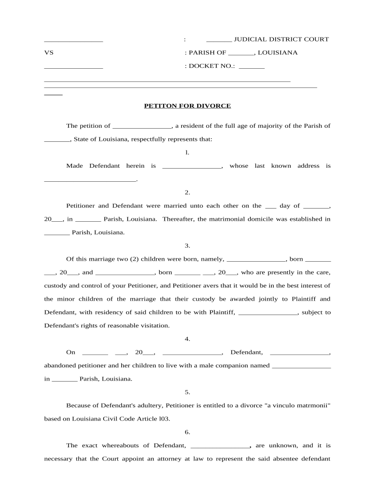 Petition for Divorce Absentee Defendant - Louisiana Preview on Page 1