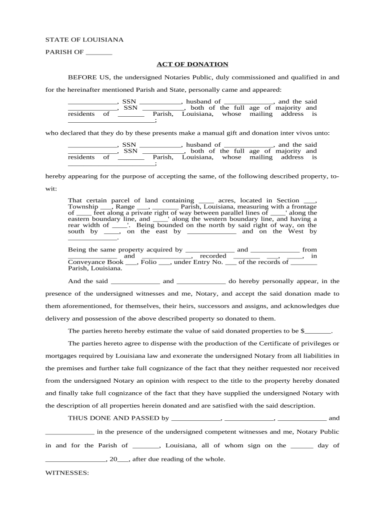 Act of Donation Real Estate from Husband and Wife to Husband and Wife - Louisiana Preview on Page 1