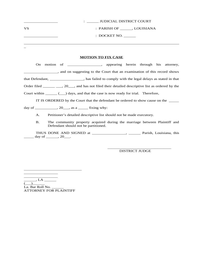 Motion to Fix Case - Louisiana Preview on Page 1