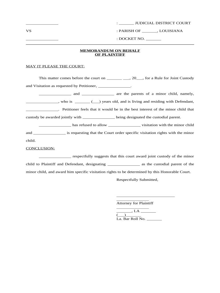 Memorandum on Behalf of Plaintiff for Custody - Louisiana Preview on Page 1