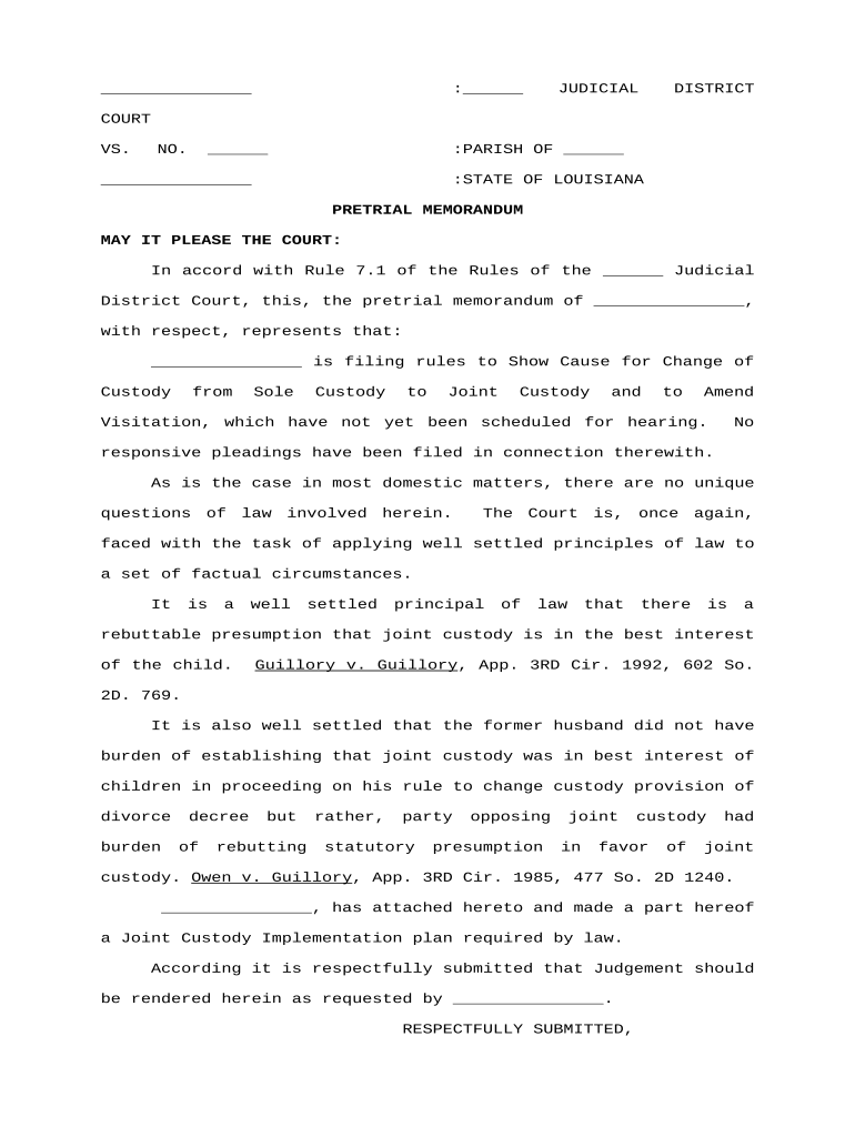 pre trial memorandum child custody example Preview on Page 1