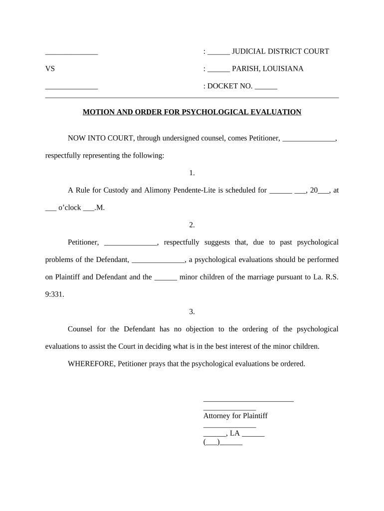 Motion and Order for Psychological Evaluation - Louisiana Preview on Page 1