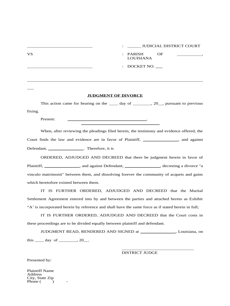 Judgment of Divorce for People with No Children - Louisiana Preview on Page 1