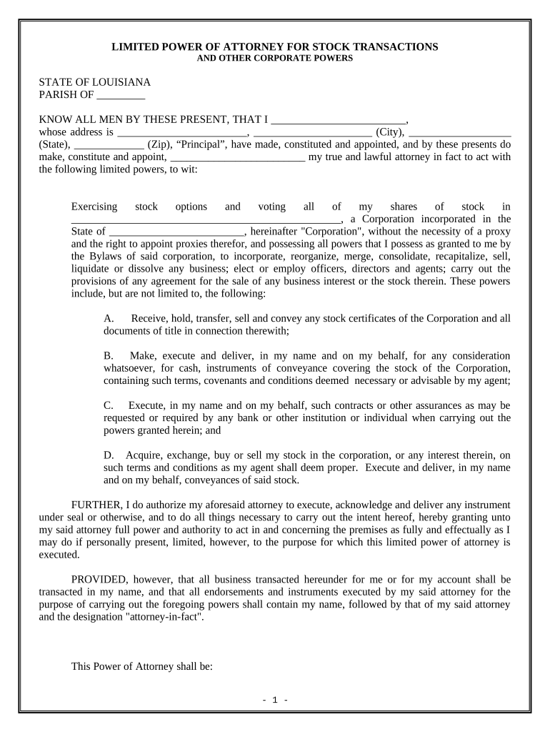 Limited Power of Attorney for Stock Transactions and Corporate Powers - Louisiana Preview on Page 1