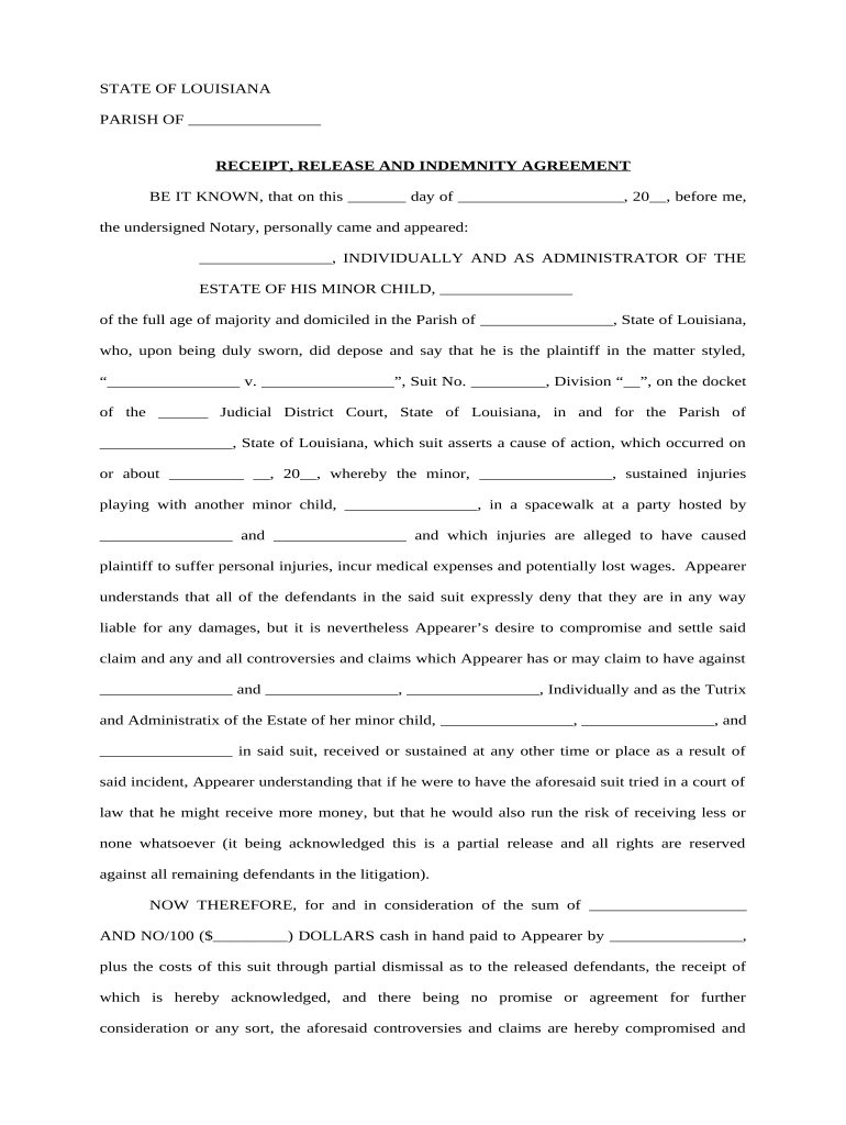 receipt indemnity document Preview on Page 1