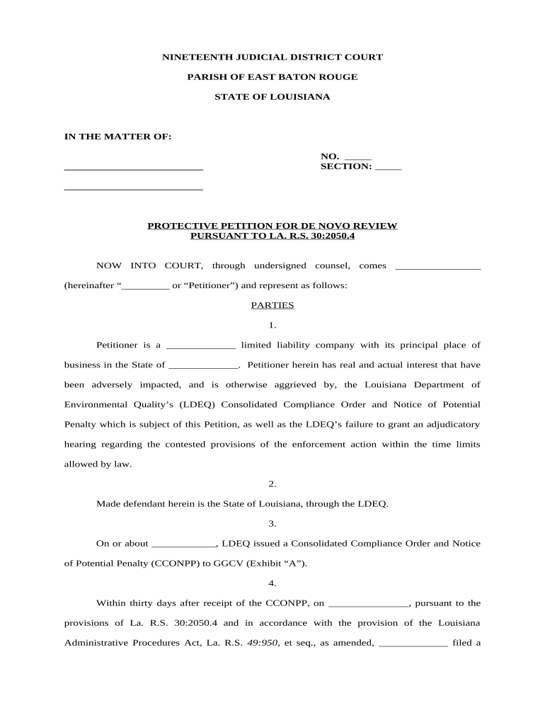 Petition for De Novo Review Pursuant to LA R.S. 30:2050.4 - Louisiana Preview on Page 1