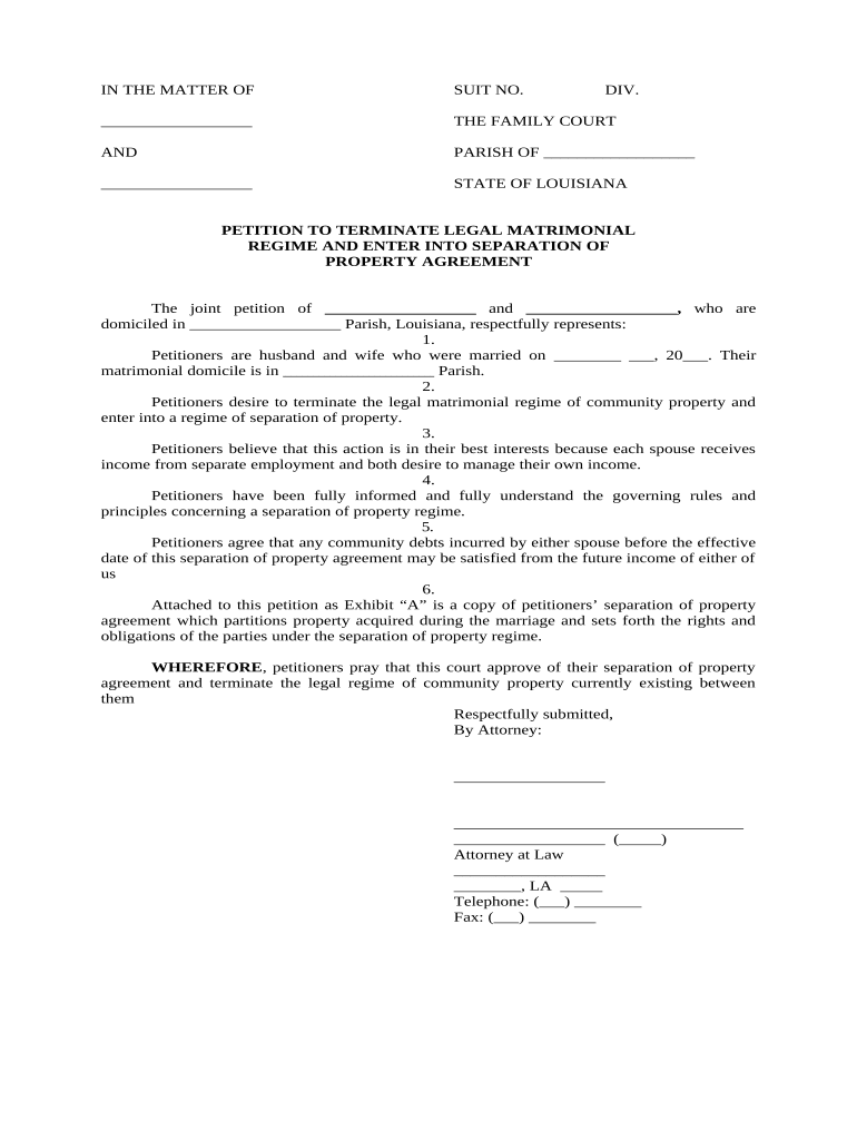 Petition to Terminate Legal Matrimonial Regime and Enter Into Separation of Property Agreement - Louisiana Preview on Page 1