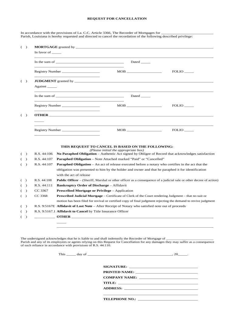 Request for Cancellation - Louisiana Preview on Page 1