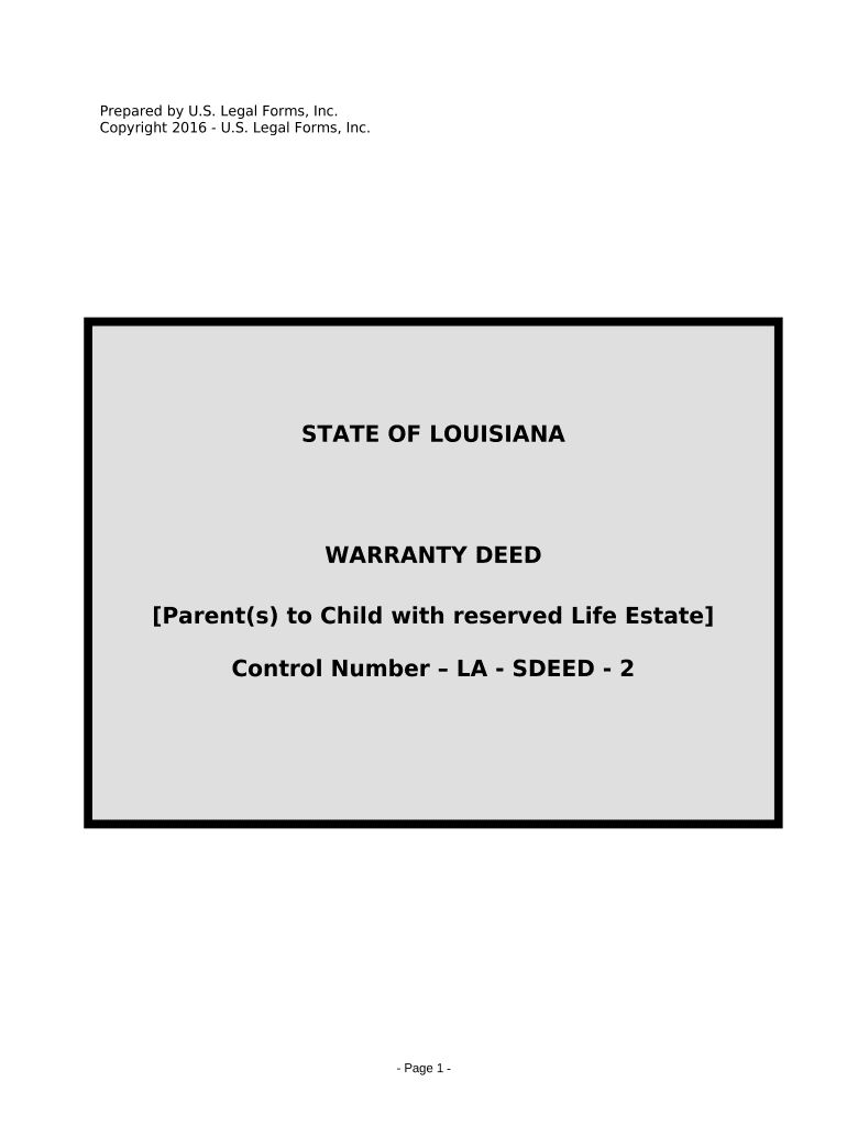 Warranty Deed for Parents to Child with Reservation of Life Estate - Louisiana Preview on Page 1