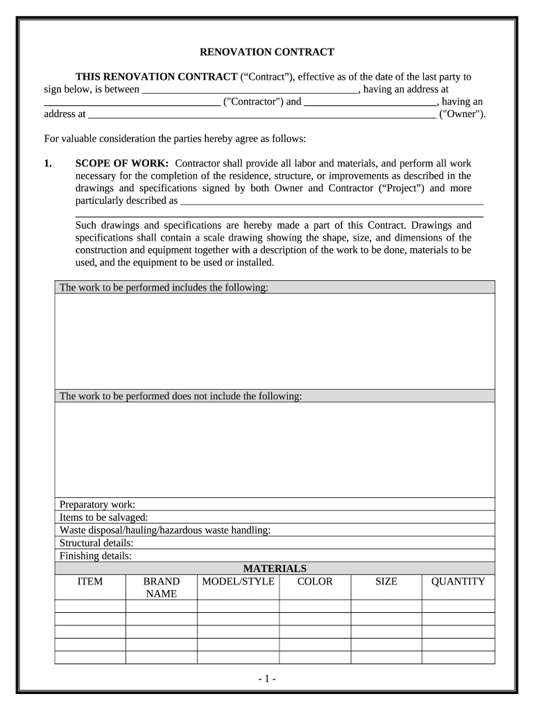 simple renovation contract template Preview on Page 1