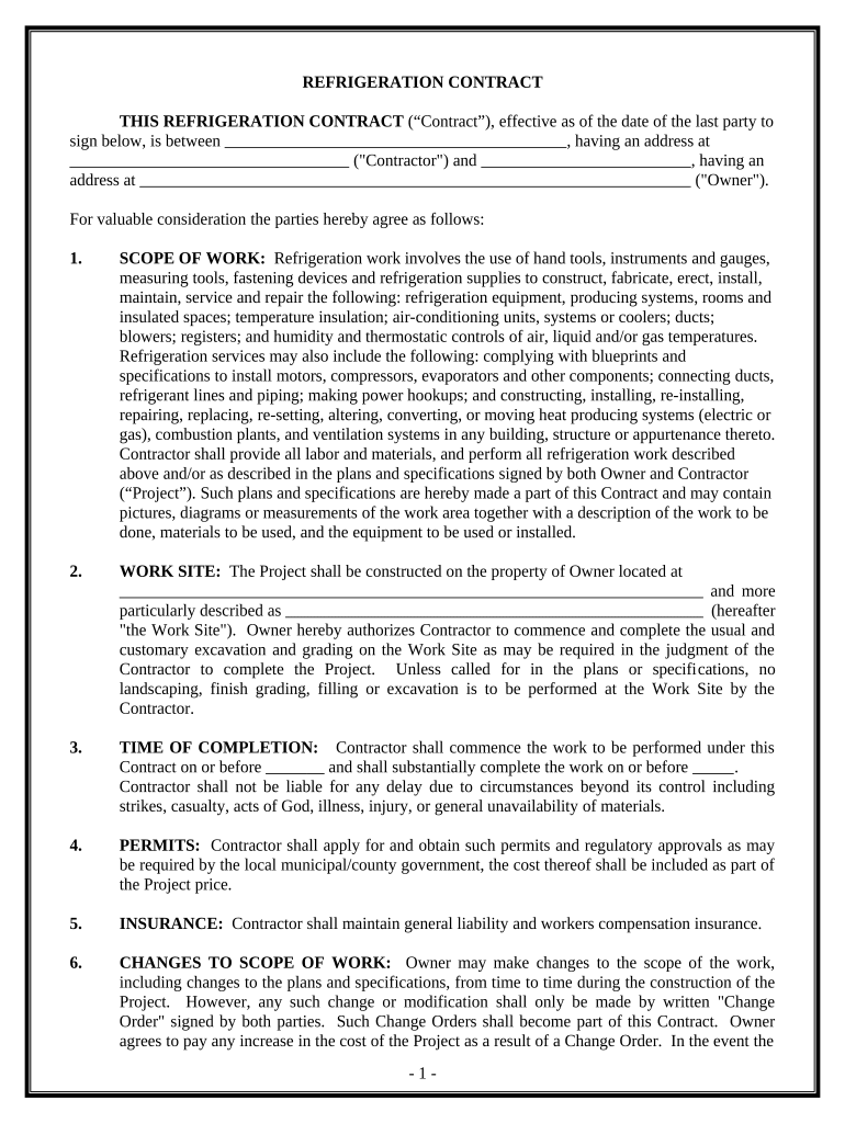 Refrigeration Contract for Contractor - Massachusetts Preview on Page 1