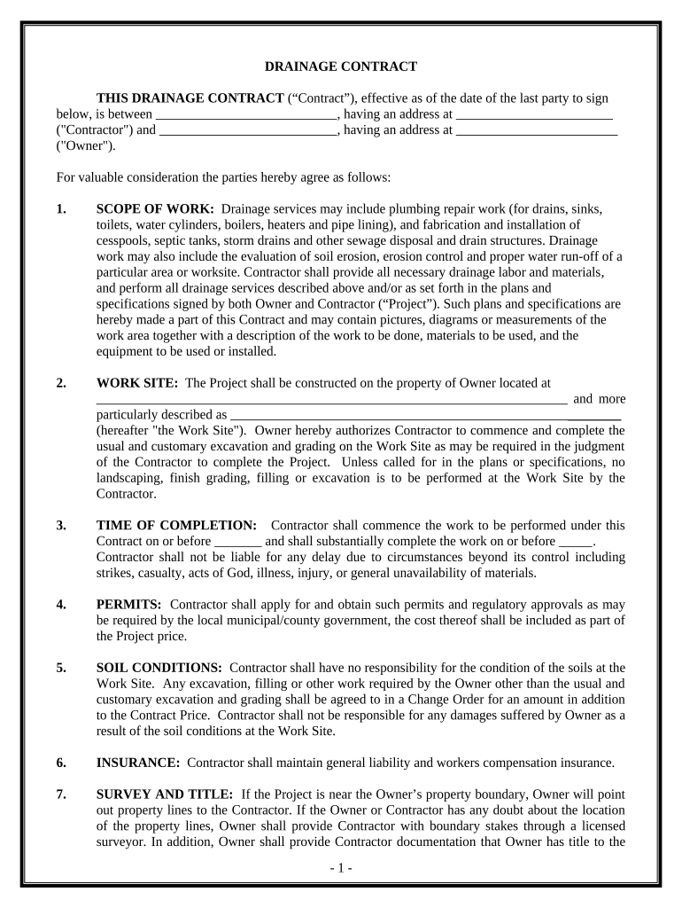 Drainage Contract for Contractor - Massachusetts Preview on Page 1.