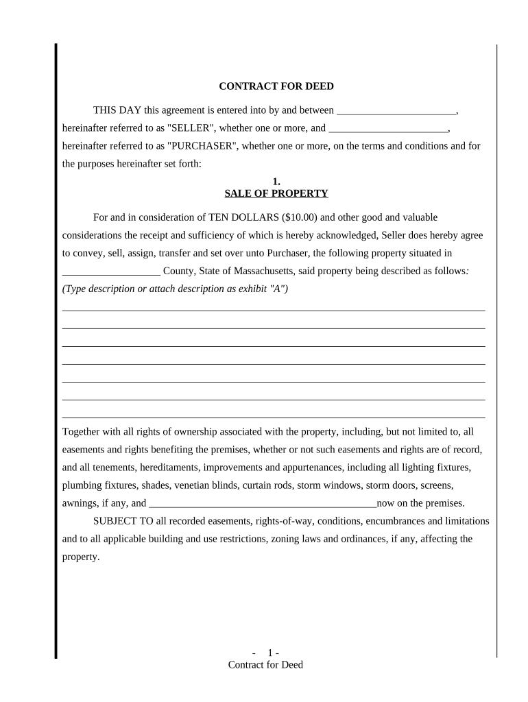 Agreement or Contract for Deed for Sale and Purchase of Real Estate a/k/a Land or Executory Contract - Massachusetts Preview on Page 1